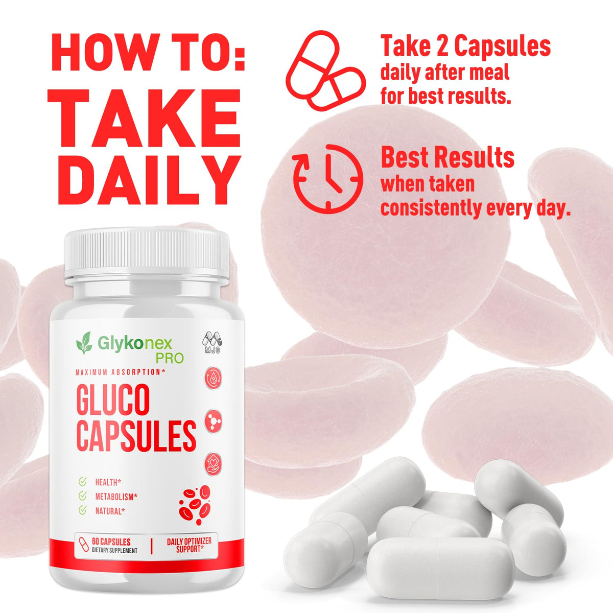 Gluco Capsules, Official Glykonex Pro Gluco Pills with All Natural Ingredients, Maximum Strength Glykonix Supplement Premium Vitamins Supporting Optimal Wellness and Health Naturally (60 Capsules)