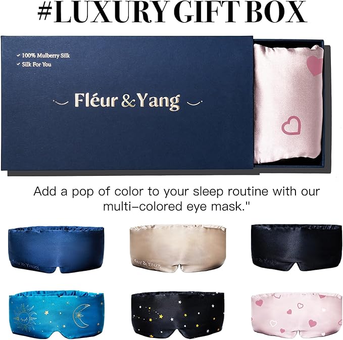 Fleur&Yang Silk Sleep Mask, Adjustable Blackout Sleeping Mask for Men Women, Soft Breathable 100% Mulberry Silk Fabric, Cooling Eye Cover Blindfold for DeepSleep or Meditation (Heart)