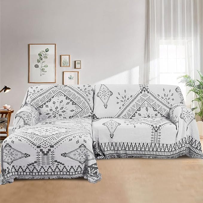 H.VERSAILTEX Reversible Sofa Cover Couch Cover for Dog Sofa Slipcover for Most Shape Sofa Furniture Protector with Tassels Sectional Couch Cover (X-Large: 71" x 118", Dark Grey/White)
