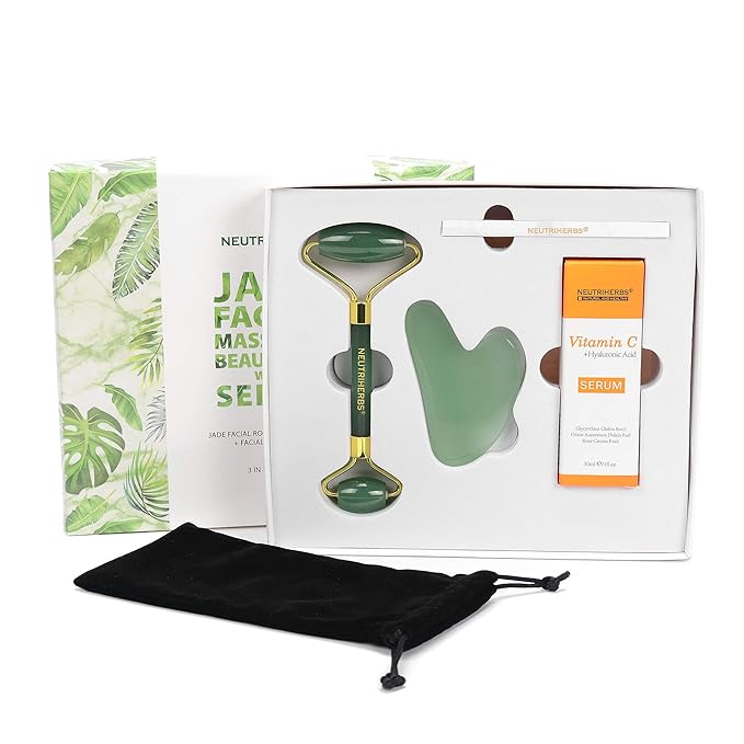 NEUTRIHERBS Jade Gua Sha & Face Roller & Vitamin C Serum Facial Tool Set(3 in 1 Kit), Home Face Massager for Wrinkle,Fine Line,Puffiness,Firm Smooth Relax Skin -- Green