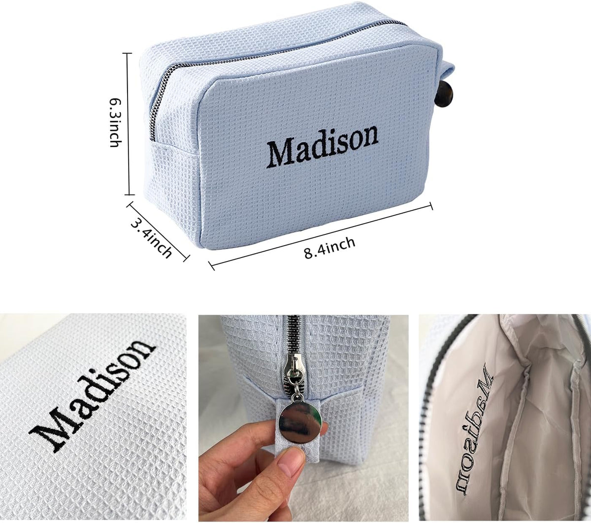 GOPHIE Personalized Embroidered Makeup Bag,Custom Waffle Fabric Cosmetic Pouch for Women, Travel Makeup Pouch (6, Sky Blue)
