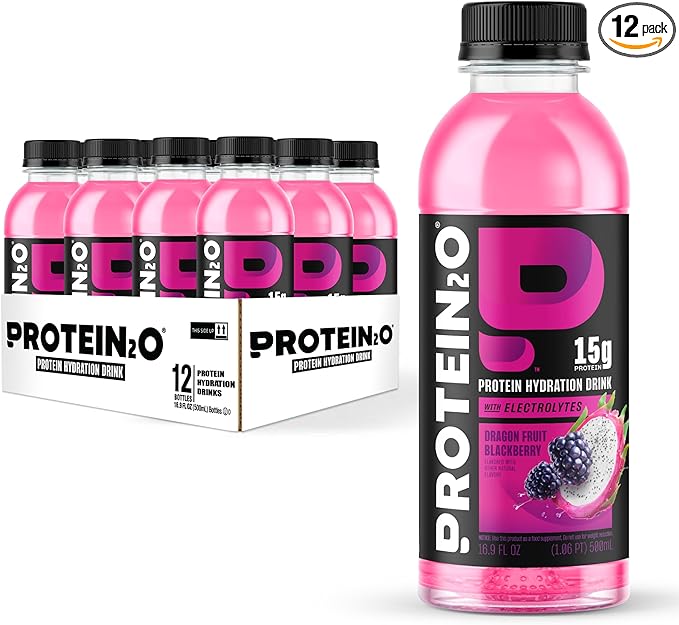 Protein2o Hydration Drink - 2-in-1 Liquid Clear Whey Protein Isolate and Electrolyte Drink - 15g Protein, Vitamins B5, B6 - Post-Workout Recovery - 16.9 Fl Oz - 12 Count Dragon fruit Blackberry