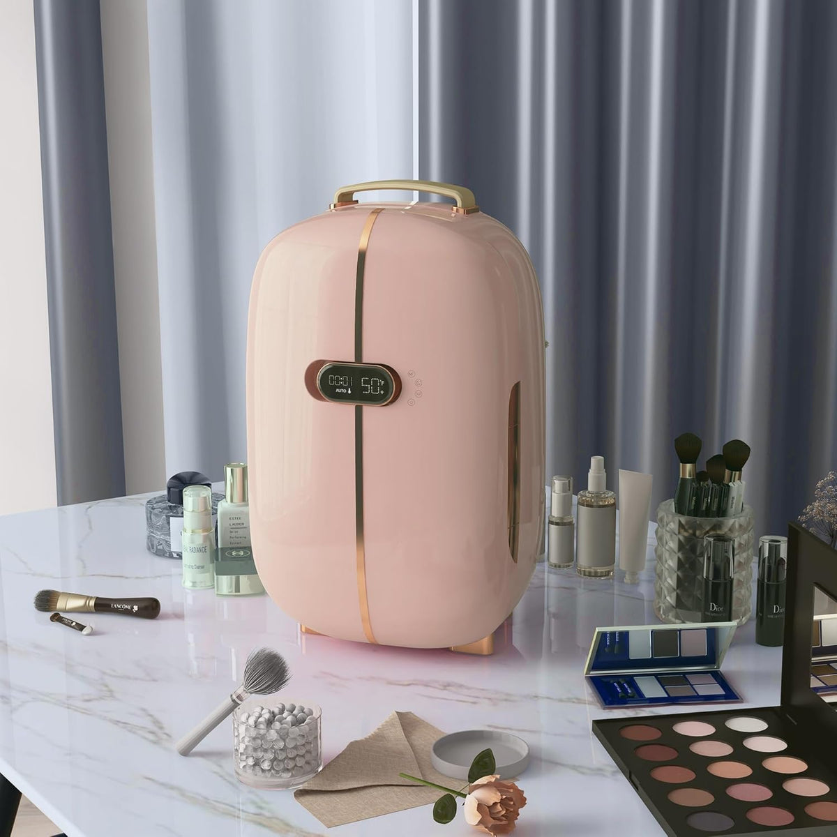 HOMCOM Portable Skincare Fridge with LED Display, 12L Mini Fridge for Beauty, Makeup and Cosmetics, Small Refrigerator Cooler for Bedroom, Home Office, Desktop, Pink