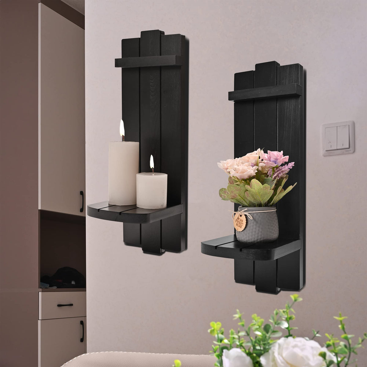 Yorkmills Sconces Wall Decor Set of 2, Large Wall Candle Holder Rustic Farmhouse Decor, Home Wall Art Floating Candle Sconce Shelf Black Wall Decoration for Living Room, Dining Room, Bedroom, Bathroom