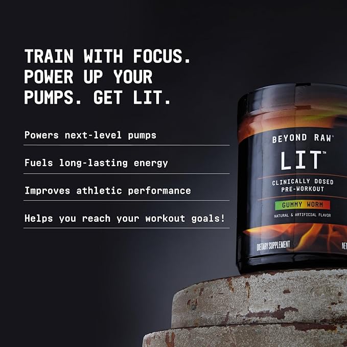 BEYOND RAW LIT PreWorkout Powder Supplement for Men and Women, Energy, Focus, Endurance, Pumps, Nitric Oxide Boost, 250mg Caffeine, Creatine, Beta Alanine, Gummy Worm, 30 Servings