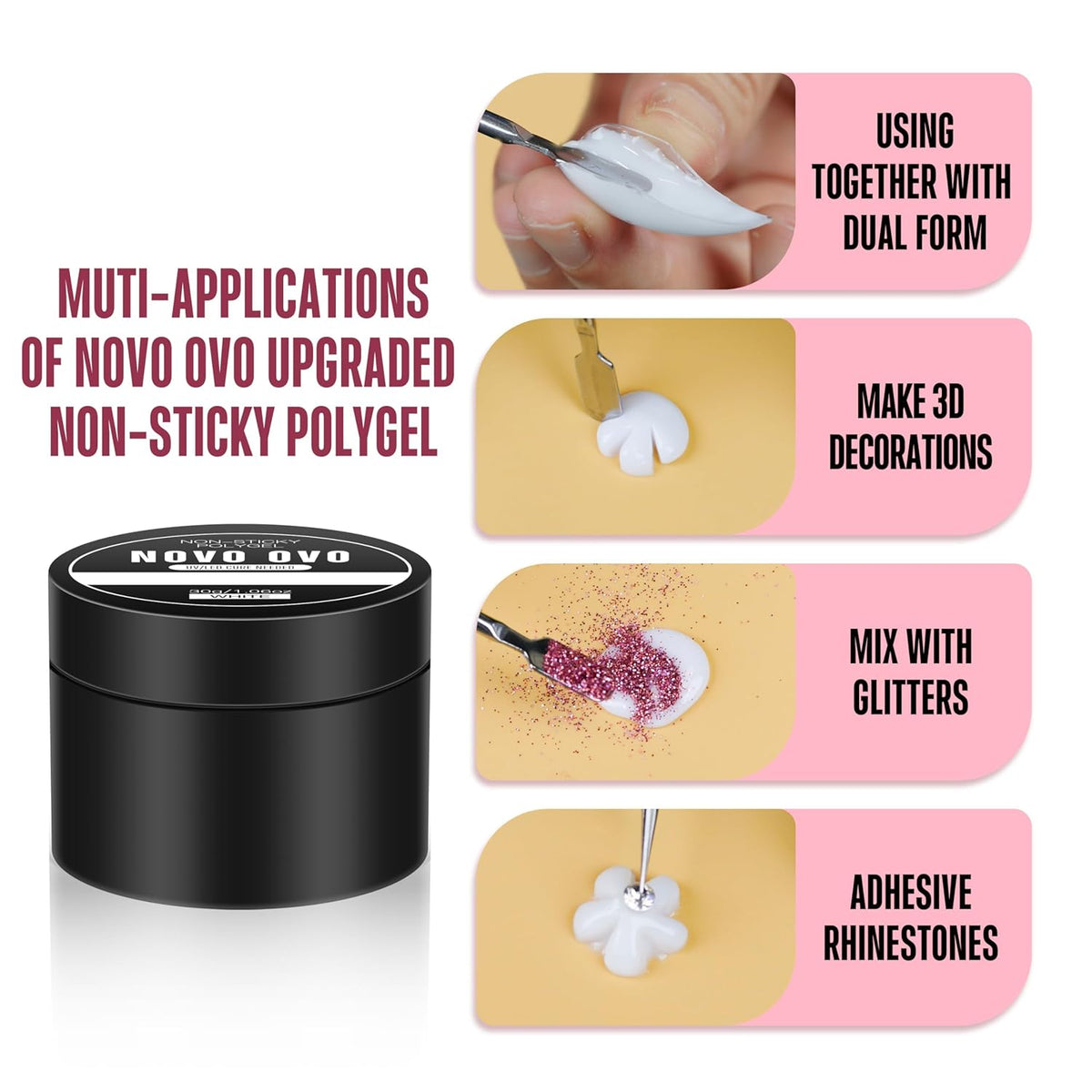 Upgraded NON-STICKY Polygel Solution Procedure Set, White and Pink non-sticky Poly Gel, Dual-Ended Nail Pen, Extra Slim Nail File, Easy to Use Together with Toe or Hand Nail Dual Forms