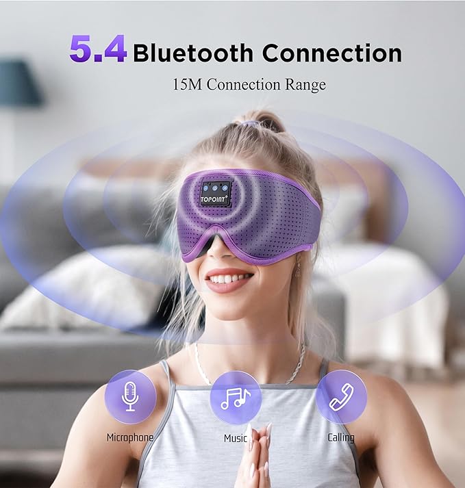 Sleep Mask with Bluetooth Headphones Wireless, TOPOINT 3D Eye Mask for Sleeping Headphones Women Men with Noise Canceling Earbuds, Thin Speaker, Blackout, 15 Hours for Travel, Meditation, CPAP Users