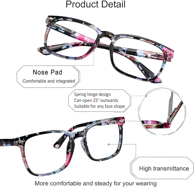 YEIN Bifocal Reading Glasses with Blue Light Blocking Lenses, Bifocal Reader for Women, Vintage Square frame with Spring Hinge (+0.00/+1.25 magnification)