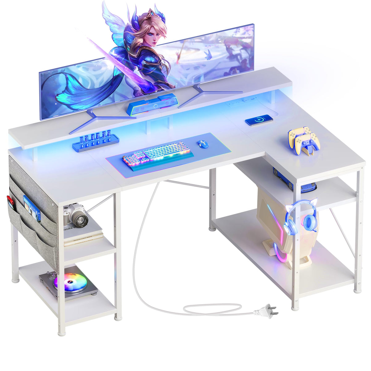 Maihail 51 inch L Shaped Desk with LED Lights & Power Outlets, Reversible Gaming Desk with Shelves & Monitor Stand, Computer Desk with Storage Side Bag，Corner Desk for for Bedroom Gaming Room, White.