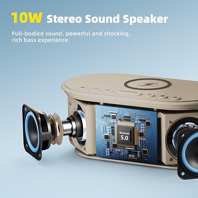 Sound Machine Alarm Clock for Bedrooms: Bluetooth 10W Stereo Speaker with Wireless Charging - White Noise Machine for Sleeping with 21 Soothing Sounds - Putty