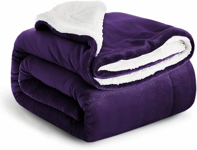 IR Imperial Rooms Sherpa Blankets Queen Size - Thick and Warm Blankets for Winter, Reversible Soft and Fuzzy Fluffy Queen Size Blanket for Bed, Purple, 90x90 Inches