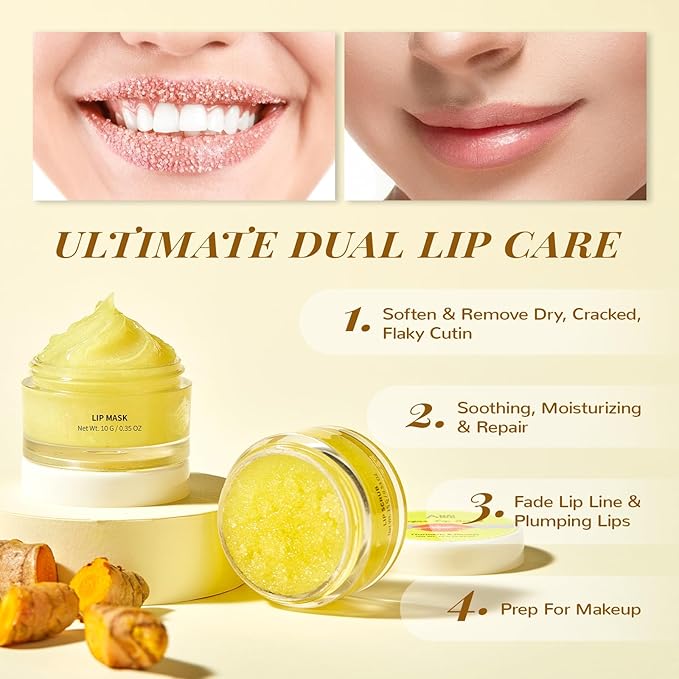 ANAI RUI Turmeric Lip Treatment Set & Strawberry Lip Care Kit with Lip Sleeping Mask + Lip Exfoliatot Scrub for Hydrating & Plumping Lips
