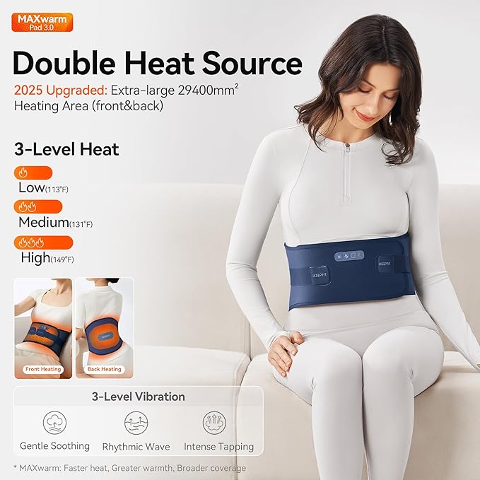 Cordless Heating Pad for Back Pain Relief: MAXwarm 3.0[2025 Upgraded], IKEEPFIT Electric Heat Pad with Massager for Period Cramps, Extra Large 65", 8000mAh Battery, Gift for Women Men (Blue)