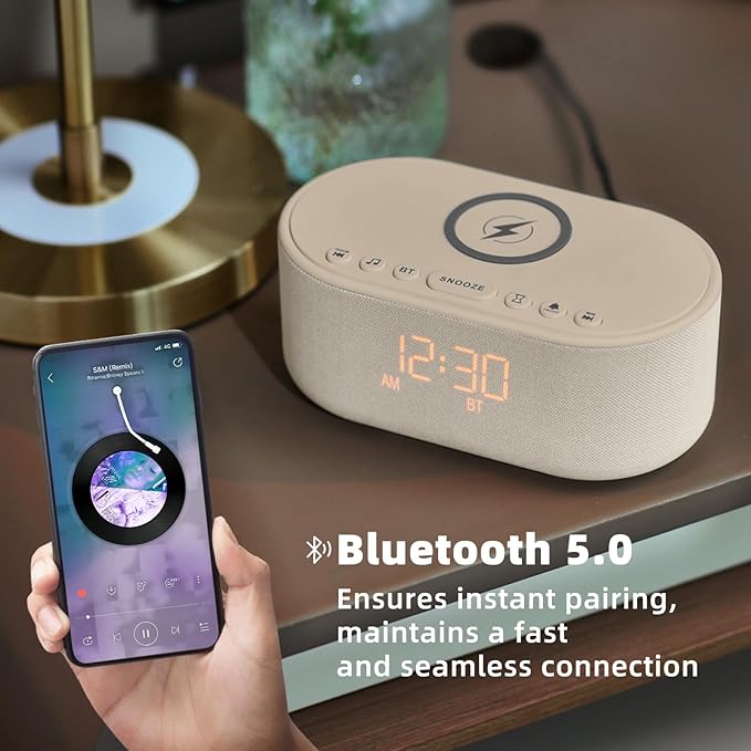Sound Machine Alarm Clock for Bedrooms: Bluetooth 10W Stereo Speaker with Wireless Charging - White Noise Machine for Sleeping with 21 Soothing Sounds - Putty