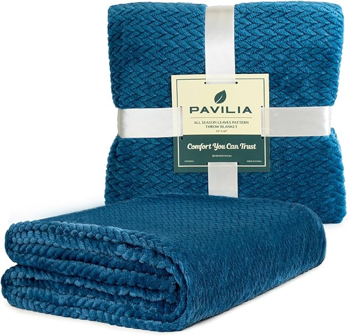PAVILIA Soft Fleece Teal Blue Throw Blanket for Couch, Lightweight Plush Warm Blankets for Bed, Fuzzy Cozy Flannel Blanket Throw for Sofa, Travel, Jacquard Pattern, Teal Blue, 50x60 inch