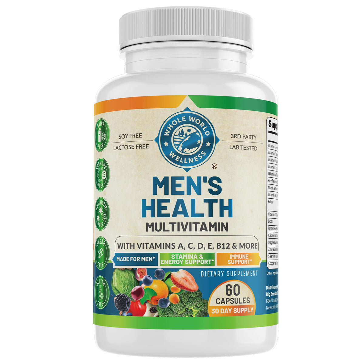 Whole World Wellness Mens Daily Multivitamin Multimineral Supplement for Energy, Focus, Stamina & Performance. Made for Men with 30+ Nutrients, Fruit & Energy Blend. Mens Vitamins, Made in The USA.