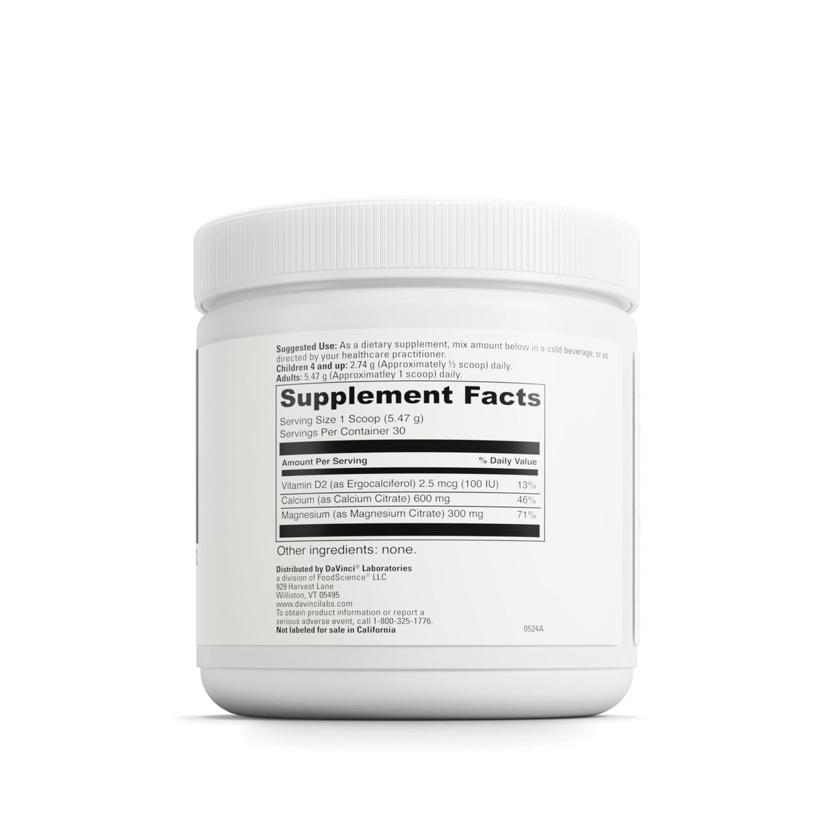 DAVINCI Labs Cal-Mag Citrate Powder - Supports Bone Health* - Dietary Supplement with Vitamin D2, Magnesium & Calcium - Vegetarian - Gluten-Free - 30 Servings