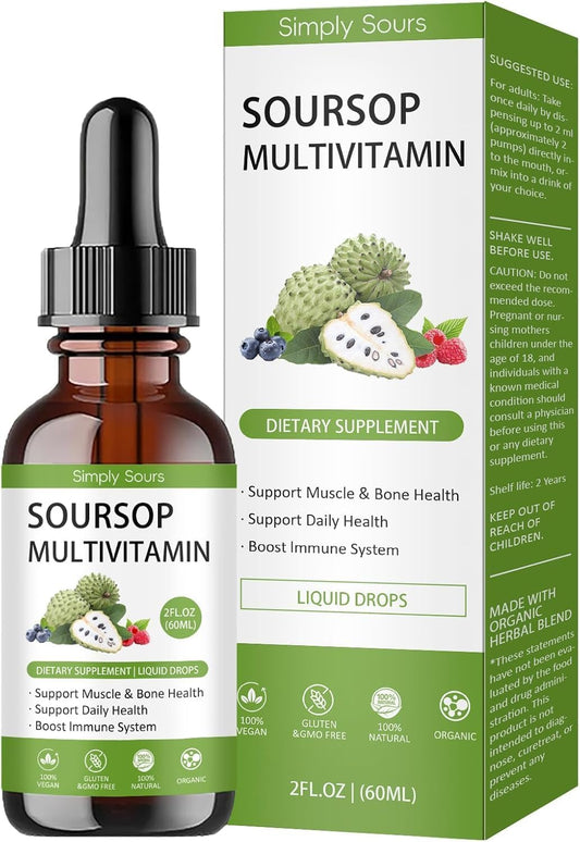 Simply Sours Organic Soursop Graviola Extract Drops - 5000mg Pure Leaf & Fruit Liquid Supplement, Sugar-Free Gluten-Free, 2 fl oz (60 Servings)