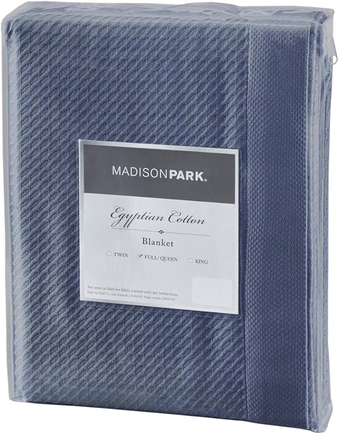Madison Park Soft Certified 100% Egyptian Cotton Breathable Cozy Blanket, Premium Waffle Knit Classic Design Luxury All Season Lightweight Cover for Bed, Couch and Sofa, Twin, Blue