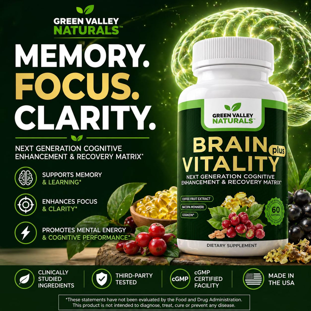 Green Valley Naturals Brain Vitality Plus with Cognizin & DHA – 60 Softgels