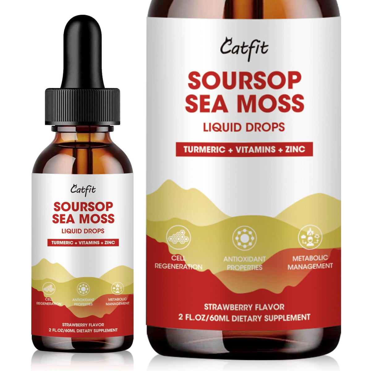 Catfit Soursop Graviola Liquid Drop – Soursop Bitters Liquid Drops with Sea Moss, Turmeric & Zinc, for Cell Support, Antioxidant, Relaxation & Immune Boost, Strawberry Flavor, 2 Fl Oz