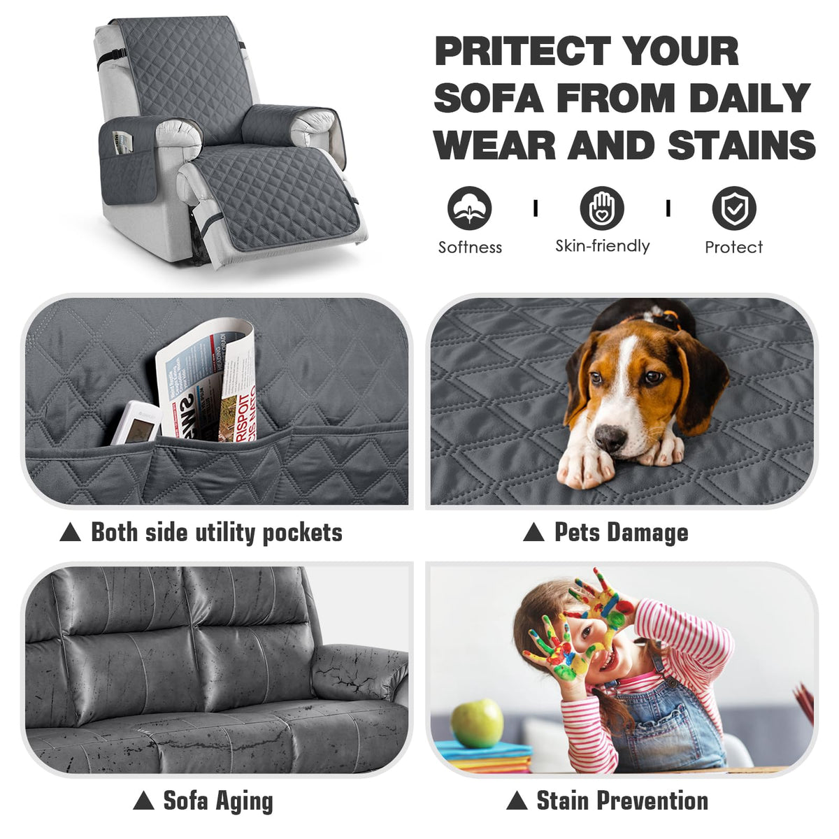 TAOCOCO Non-Slip Recliner Chair Cover Sofa Slipcover, Pet Cover for Small Recliner Chair with Elastic Straps, Washable Reclining Chair Cover Recliner Furniture Protector (23'' Small, Dark Grey)