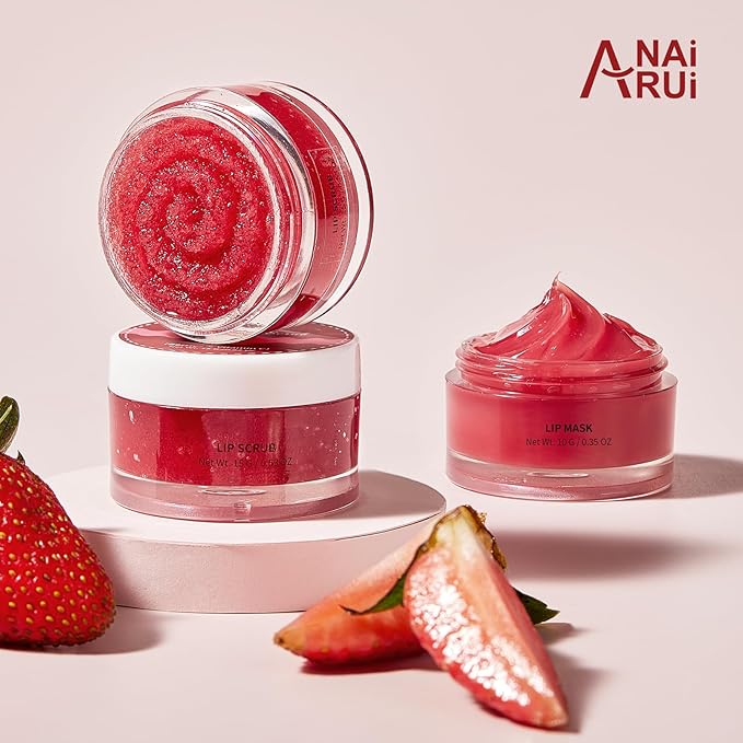 ANAI RUI Turmeric Lip Treatment Set & Strawberry Lip Care Kit with Lip Sleeping Mask + Lip Exfoliatot Scrub for Hydrating & Plumping Lips