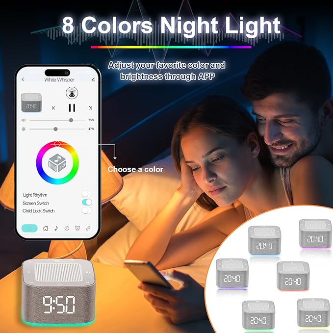 Sound Machine Alarm Clock for Baby Adult, 32 Soothing Sounds White Noise Machine, Night Lights Bluetooth Speaker, APP Control Noise Machine with Dimmable Clock for Kids Teens
