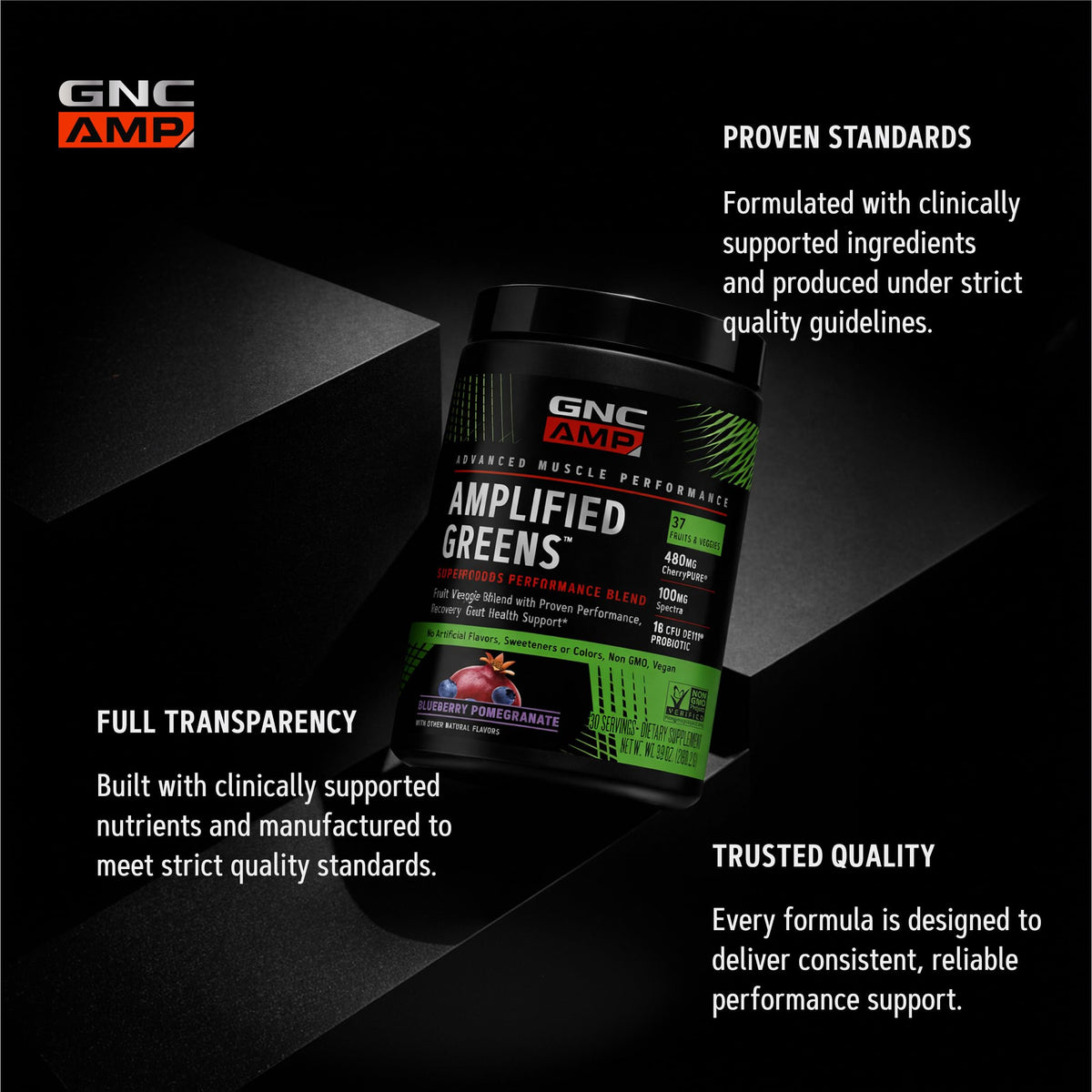 GNC AMP Amplified Greens Superfoods Performance Blend - Vegan Athlete Superfood Drink - Blueberry Pomegranate - 9.9 Oz (30 Servings)