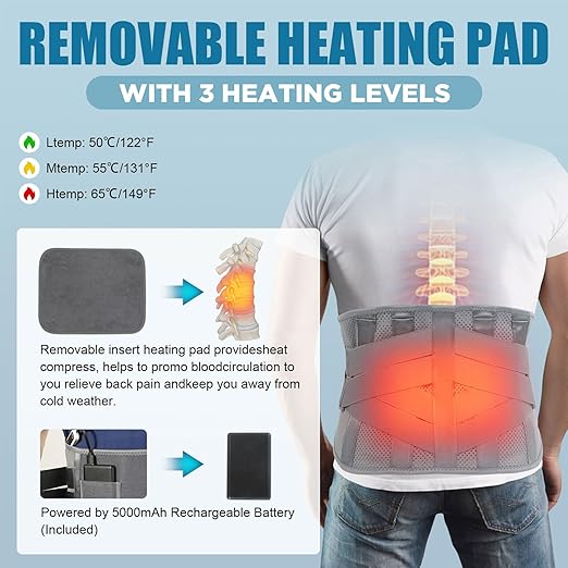HONGJING Back Support Brace with Heating for Lower Back Pain Relief, Heated Lumbar Compression Belt Built-in 7 Metal Stays 5000mAh Rechargeable Battery, for Herniated Disc & Scoliosis Pain Relief