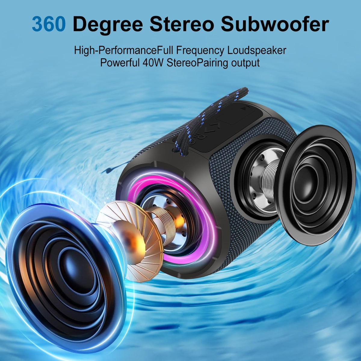 YOUXIU 40W Portable Bluetooth Speaker with Lights IPX7 Waterproof Wireless Speaker TF Double Pairing 24H Playtime,360 Degree Stereo Subwoofer Support Perfect for Outdoor, Travel, and Home Use