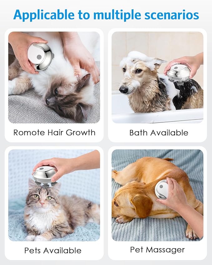AMIR Electric Scalp Massager, Handheld Pet Massager for Dogs and Cats, Cat Head and Back Scratcher with 3 Speed Modes, 4 Massage Heads, Waterproof Electric Cat Massage Tool for Promote Bonding