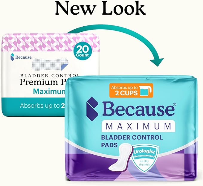Because Incontinence Pads for Women - Maximum Absorbency, Postpartum Liners, Up to 100% Leak-Free Protection, Discreet Protection for Bladder Leaks, 6 Packs of 20 Count (120 Total)