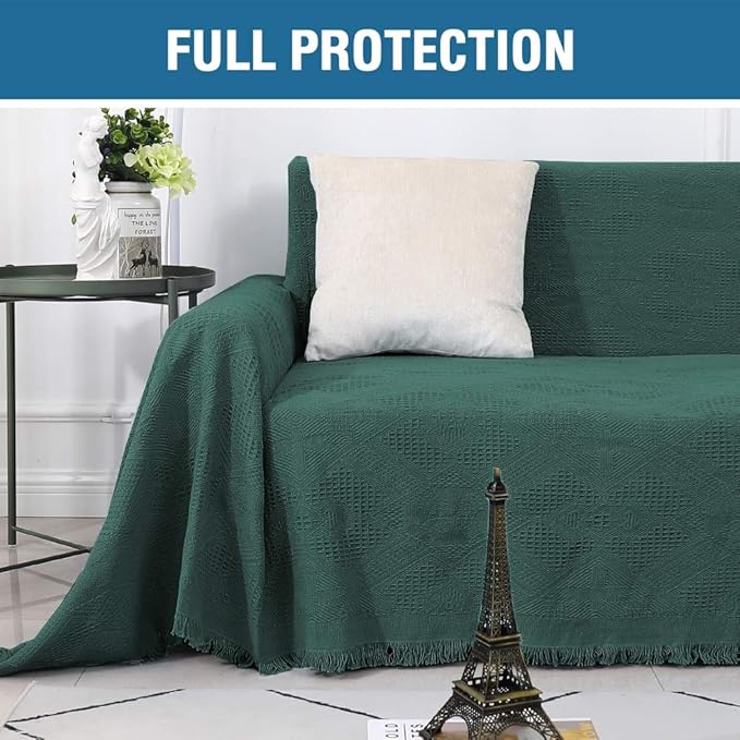 H.VERSAILTEX Cotton Sofa Covers Couch Cover Sofa Slipcover for Most Shape Sofas, Feature Thick Woven Jacquard Seamless with Tassels, Multi-Use Decorative for Couch (Large: 71" x 102", Green)