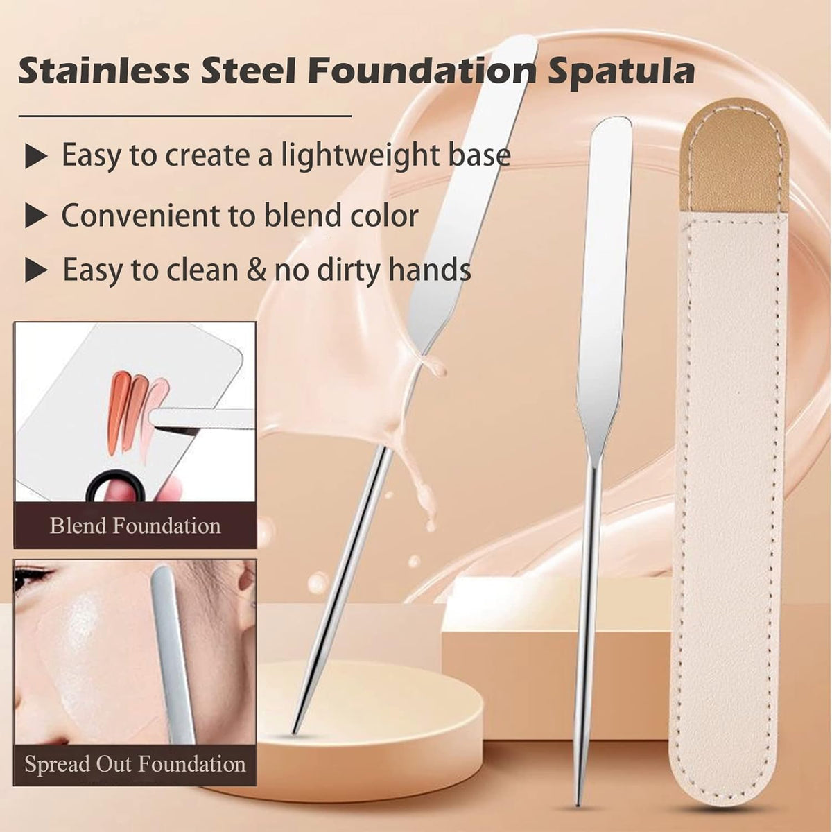 Picasso Makeup Spatula and Palette Set, Korean Makeup Spatula with Leather Cover, Stainless Steel Makeup Palette with Scraper Tool, Metal Foundation Palette for Cosmetic Pigment Blending（SS）