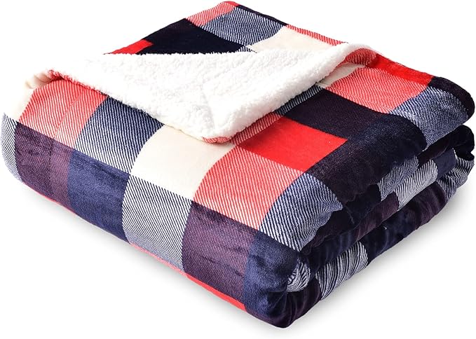 SOCHOW Buffalo Plaid Sherpa Fleece Throw Blanket, Double-Sided Checkered Super Soft Luxurious Bedding Blanket 60 x 80 inches, Red/Blue