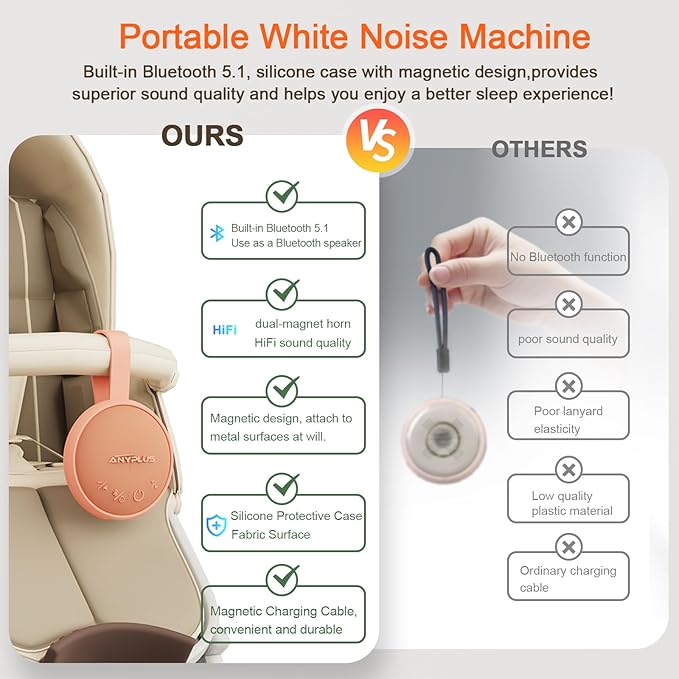 White Noise Sound Machine, Portable Sound Machine for Sleeping Adults & Baby, with Bluetooth 5.1/24 Soothing Sounds/Battery Powered/3 Timer Memory Function for Office/Bedroom/Travel（Orange）