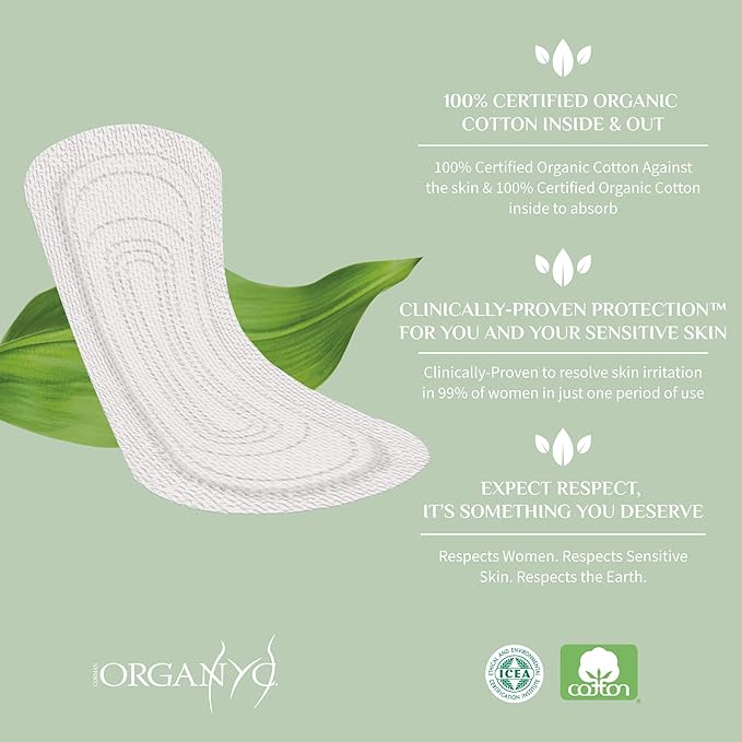 Organyc 100% Certified Organic Cotton Inside and Out Flat Panty Liner - Everyday Sanitary Pad, Free from Wood Pulp, Perfumes, SAP and Chemicals - Maxi Flow, 20 Count