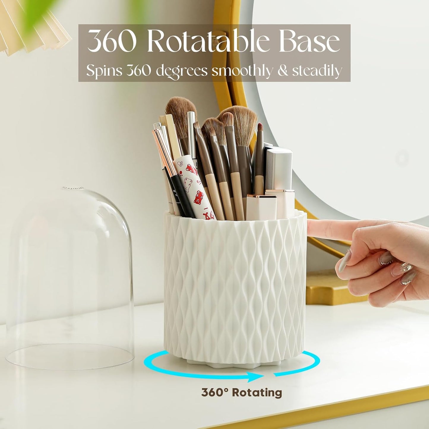 Makeup Brush Holder Organizer - 360° Rotating Makeup Brush Organizer 5 Slot Make up Brushes Cup for Cosmetics, Lipsticks, Art Supply, Bathroom Vanity Desktop Storage (White with Cover)