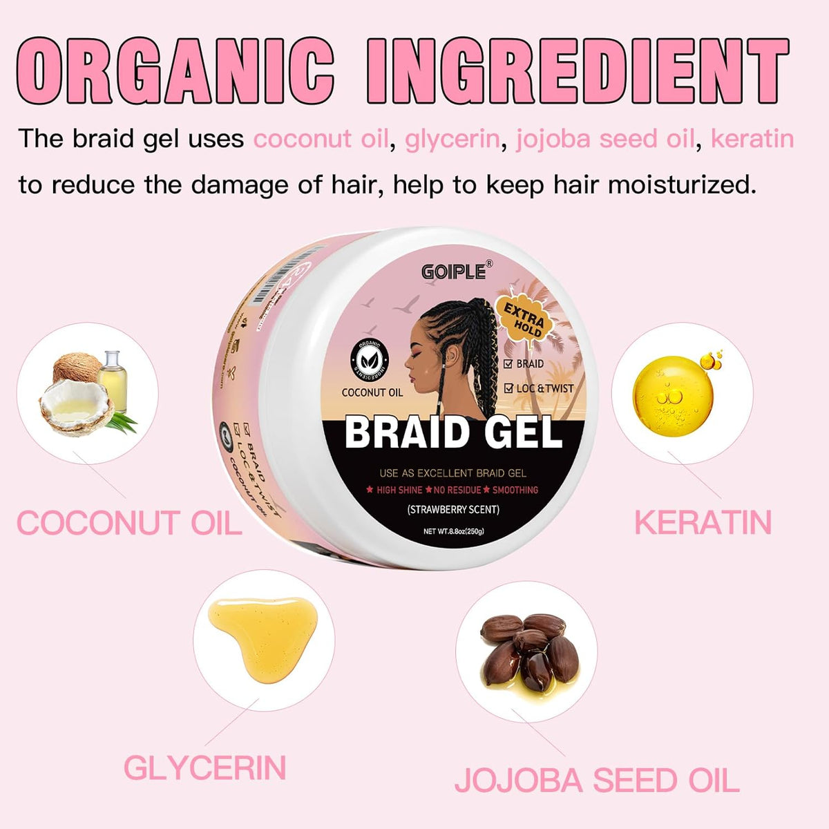 Braid Gel Good for Twist, Locs, Braids, Edge No Flake Extra Hold High Shine Braiding Gel & Edge Control, Loc Gel Long Lasting for Locks, Cornrows Smooths & Tames Frizz 8.8oz (Strawberry Flover)