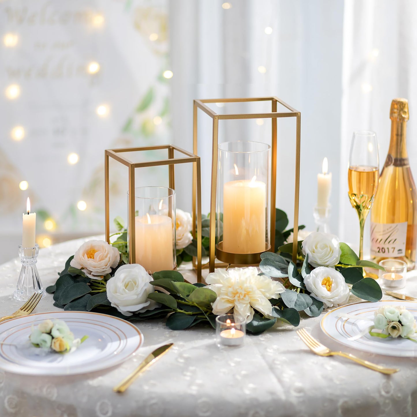 Staymoment Gold Metal Lantern Decorative Set of 2 with Hurricane Glass: Indoor Modern Farmhouse Candle Holder for Table Centerpiece Fireplace Mantles Shelf, 12" & 9"