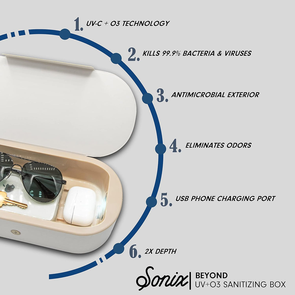 Sonix Beyond UV+O3 Sanitizer Box and Universal Charger UV and Ozone Disinfector for Phone, Mask, Makeup Brush, Nail Tool (White Croc)