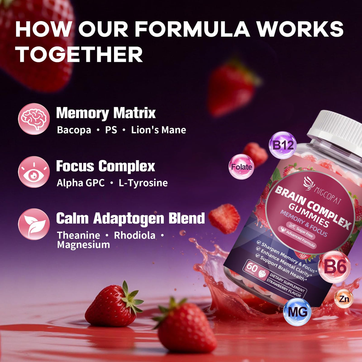 Migcopat Brain Supplements for Memory and Focus Gummies | Nootropic w/Bacopa Monnieri, Lion’s Mane, Ginkgo & 10-in-1 Mushroom Complex | Mental Clarity & Cognitive Support | Strawberry Flavor - 60 Cts