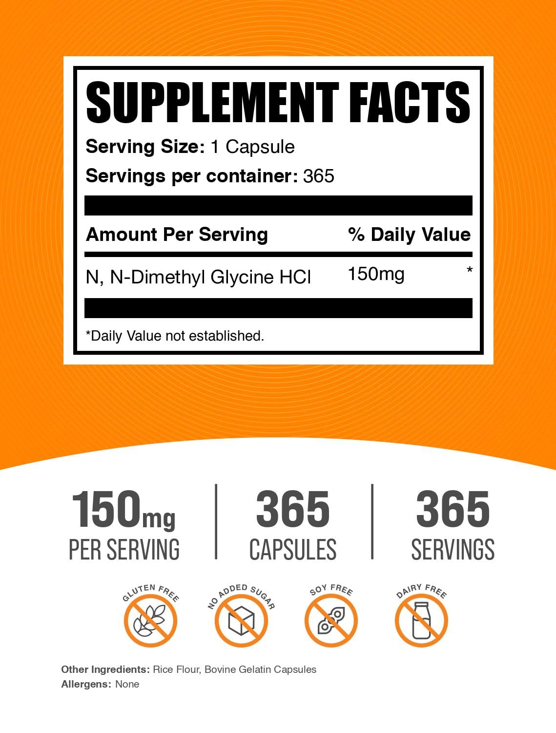 BulkSupplements.com DMG HCl Capsules - N,N-Dimethylglycine HCl, Glycine Supplements - Gluten Free, 1 Capsule per Serving (150mg), 365 Count (Pack of 1)