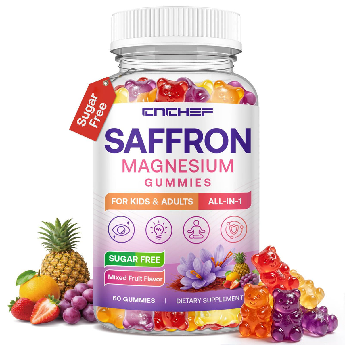 CNCHEF Saffron Gummies 88.5 mg with Magnesium, B6, D3 & Lutein – 60 Count