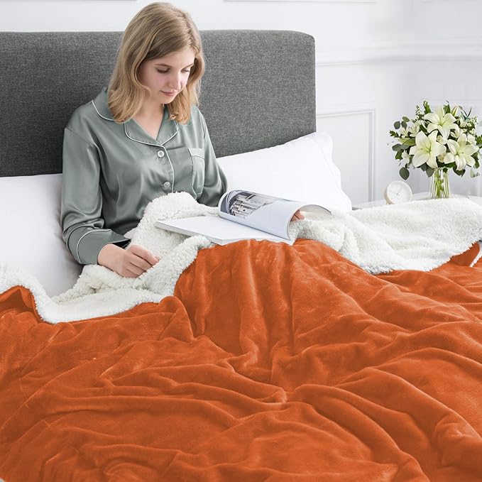 IR Imperial Rooms Sherpa Blankets Queen Size - Thick and Warm Blankets for Winter, Reversible Soft and Fuzzy Fluffy Queen Size Blanket for Bed, Rust, 90x90 Inches