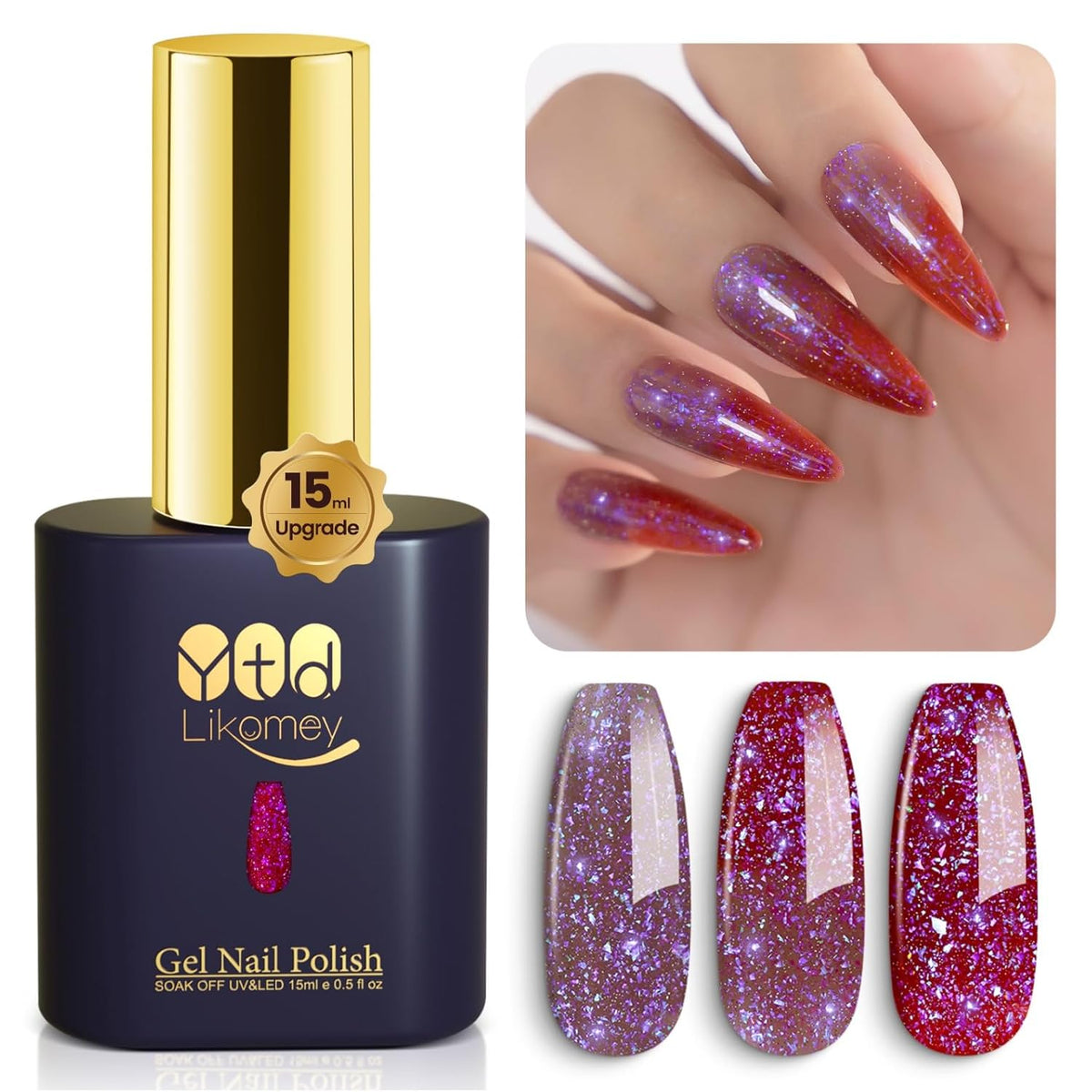 YTD Likomey Brocade Glitter Color Changing Gel Nail Polish,15ml Light Purple To Jujube Red Shimmer Mood Temperature Change Colors Iridescent Flakes,Fall Winter Thermal UV Nail Gel,WB340