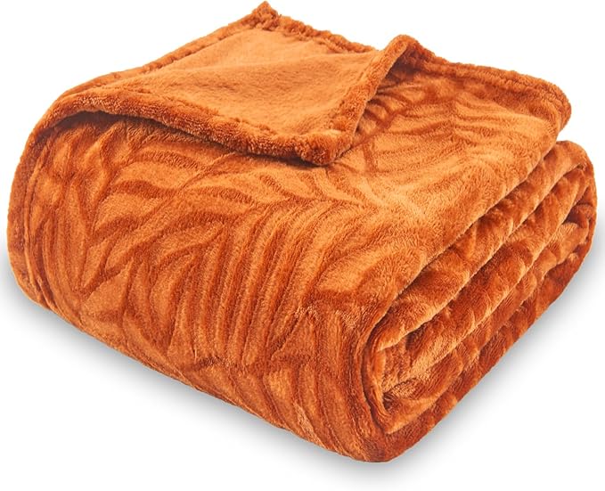 SOCHOW Super Soft Flannel Fleece Fall Throw Blanket, Lightweight Cozy Warm Leaves Textured Plush Blanket for Bed Couch Sofa, 60 x 80 Inches, Orange