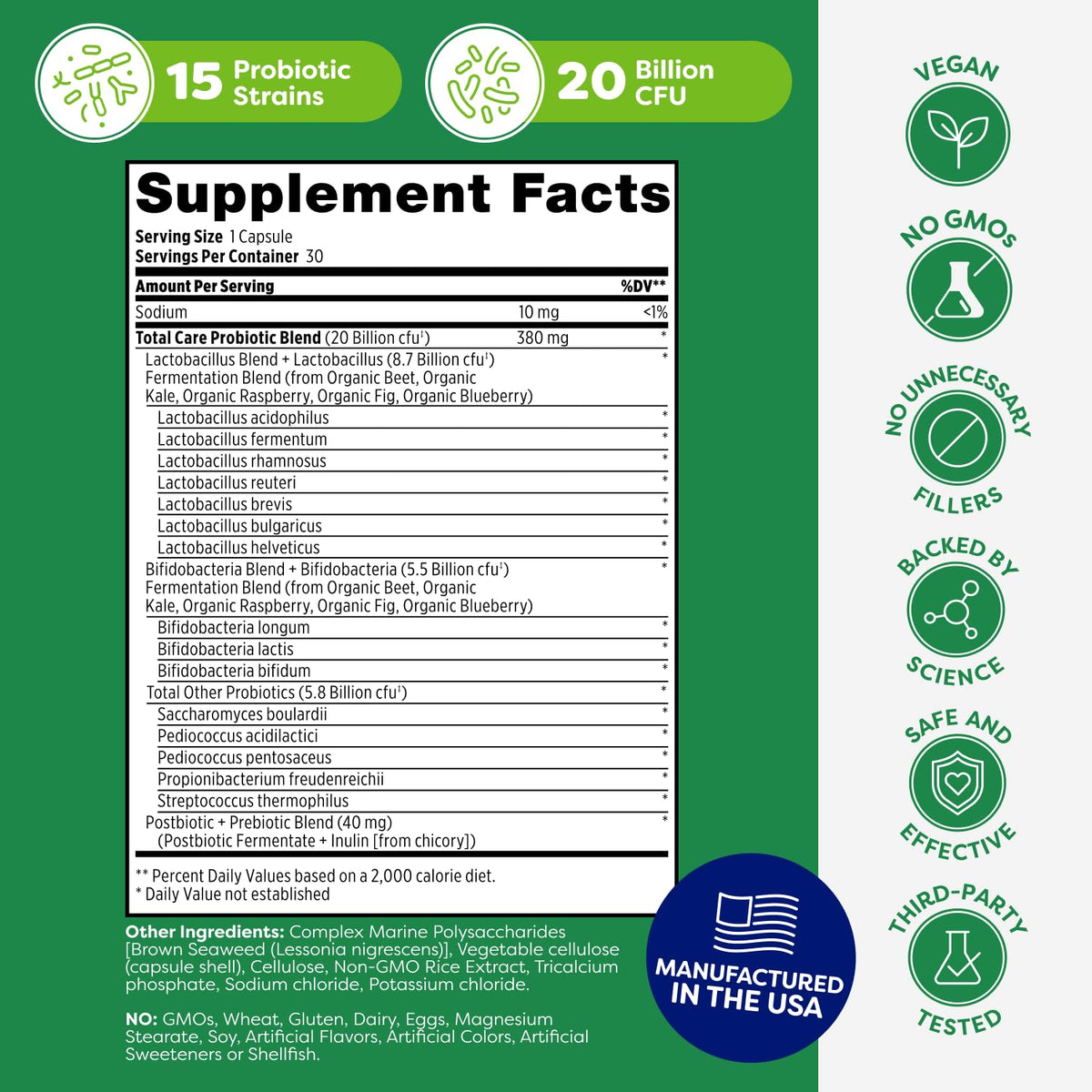 Probulin Total Care Probiotic Supplement, Daily Gut, Digestive, and Immune Health Probiotics Capsules for Men and Women, 20 Billion CFU, Vegan, 30 Count Box