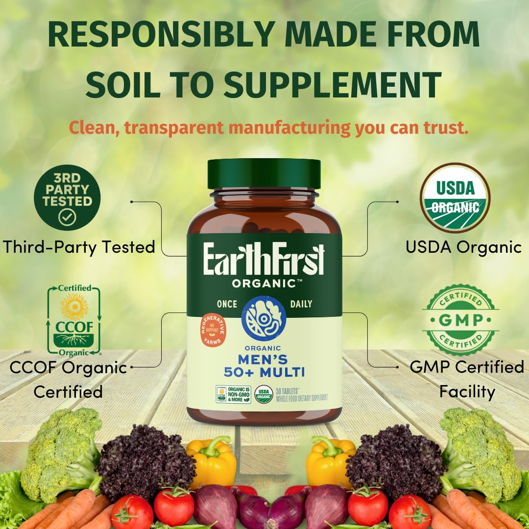 EarthFirst Organic Once Daily Multivitamin for Men 50+, 19 Vitamins from Herbs & Superfoods, Supports Prostate Health, Energy Levels, and Strong Bones, 60 Count